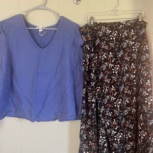 Floral Black Skirt With Blue Shirt